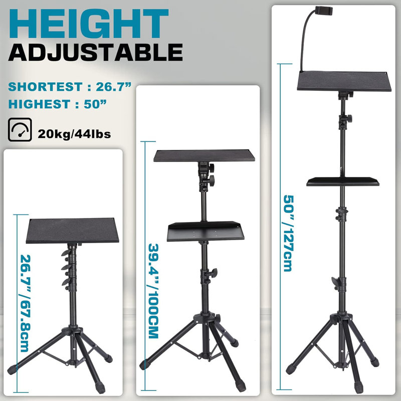 50” Laptop Stand with 2 Shelves for Projector, iPad, DJ Equipment, Portable Adjustable Floor Stand