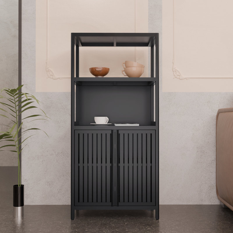 Versatile Black Bamboo Storage Cabinet with 2 Doors, Ideal for Bathroom, Living Room, and Kitchen Organization