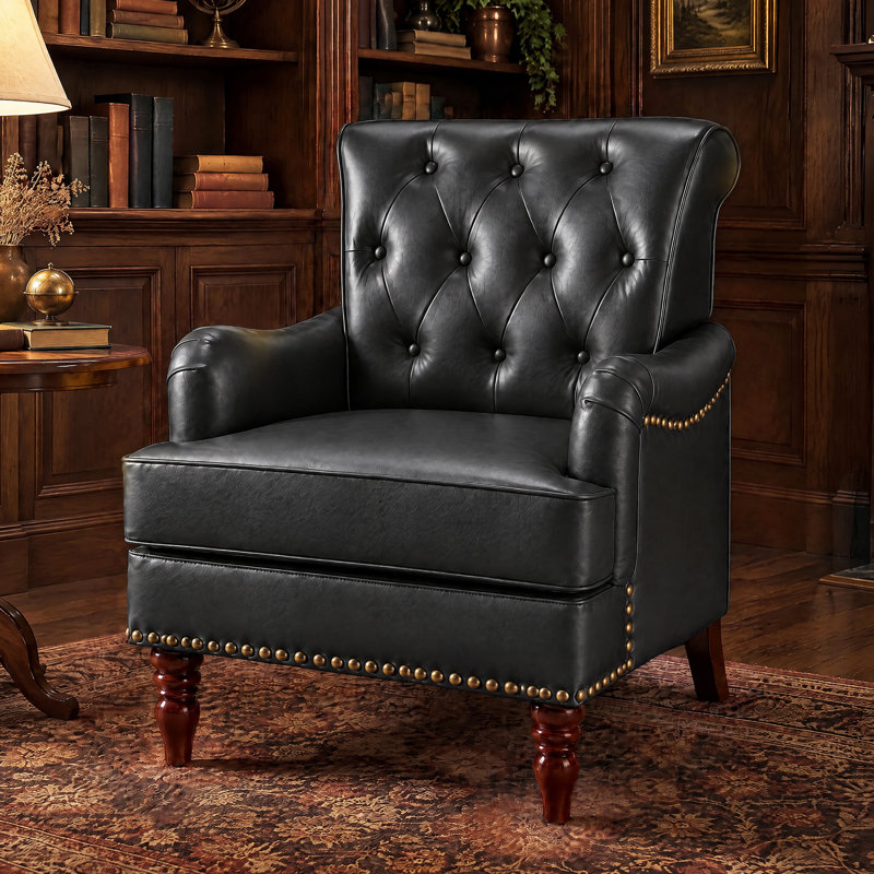 Fauteuil d'appoint capitonné en similicuir 29 po avec garniture cloutée, Noir, 1