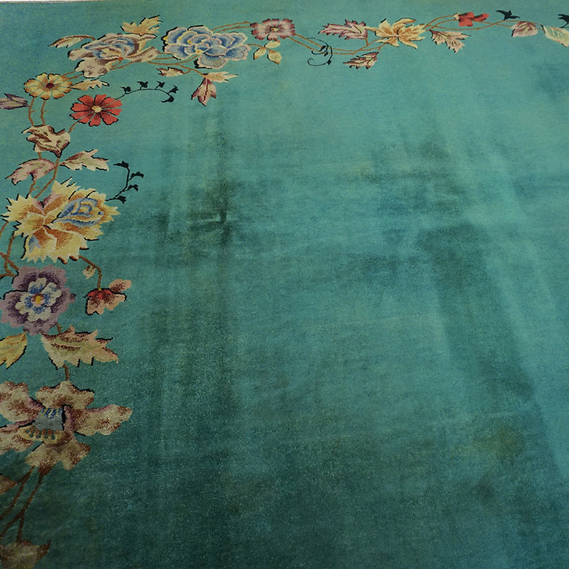 Minimalist Open Solid Turquoise Color Field Antique Room Size Floral Chinese Art Deco Rug