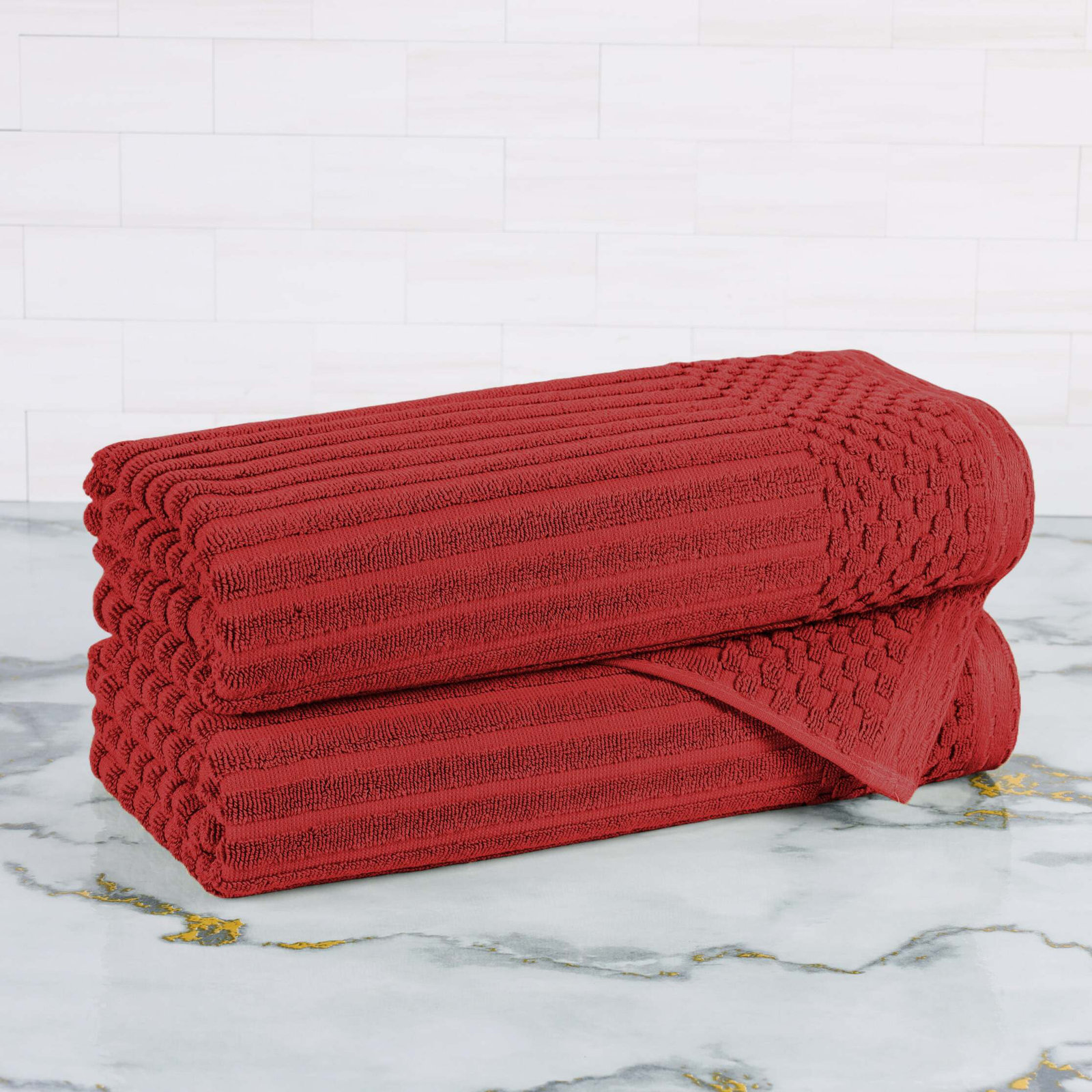Ruvins Cotton Highly Absorbent Solid and Checkered Border Bath Towel Set, Burgundy