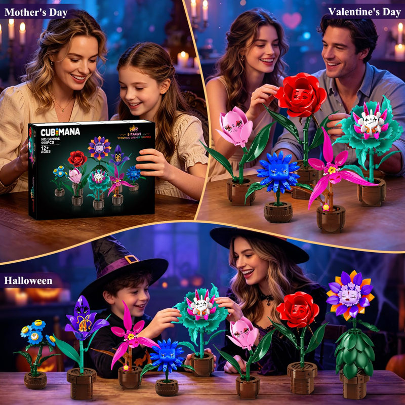 Jeu de construction de fleurs féeriques pour l'Halloween, 995 pièces : roses, tournesols, lys et orchidées, décoration de bureau, cadeau pour les 10 ans et plus