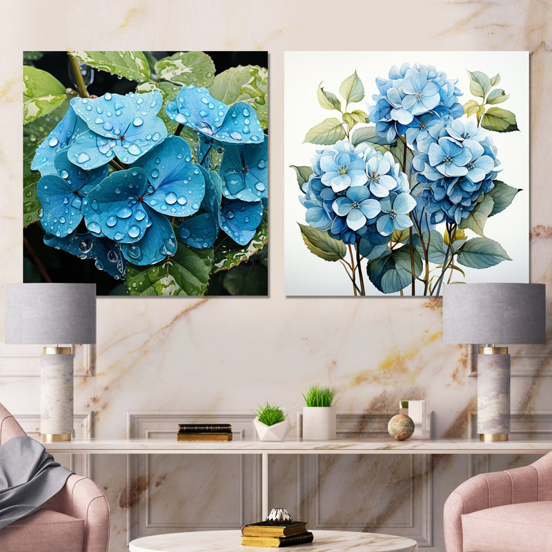 «Blue Hydrangea Flower Elegance I», ensemble de 2 reproductions d'art sur toile, Toile tendue, H 16 po x l 33 po x P 1 po