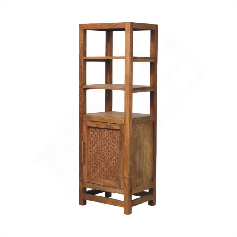 Étagère ouverte en bois massif avec armoire, brun, 3 tablettes, 1 tiroir