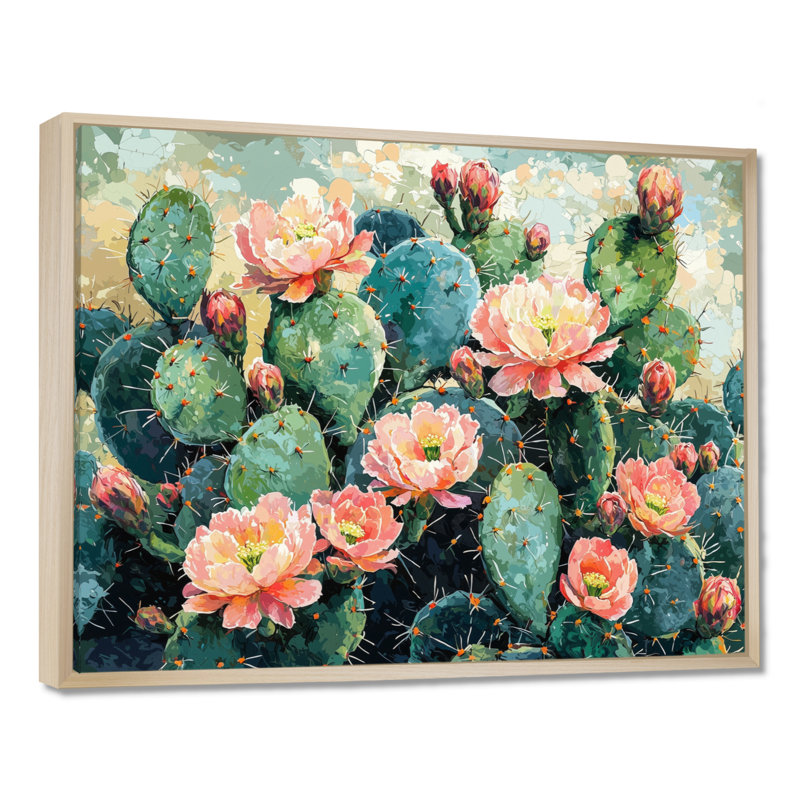 Cactus Garden In Bloom III - art mural de cactus pour le salon, H 16 po x l 32 po, Cadre flottant, Crème, crème