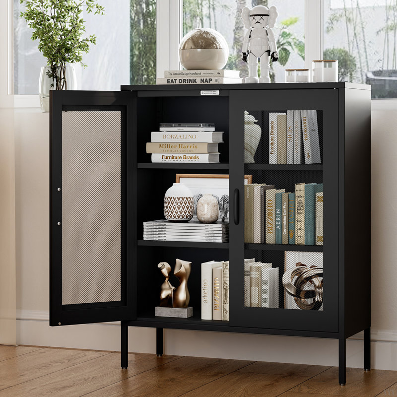 Armoire de rangement en métal avec portes et tablettes en filet, Noir, Noir