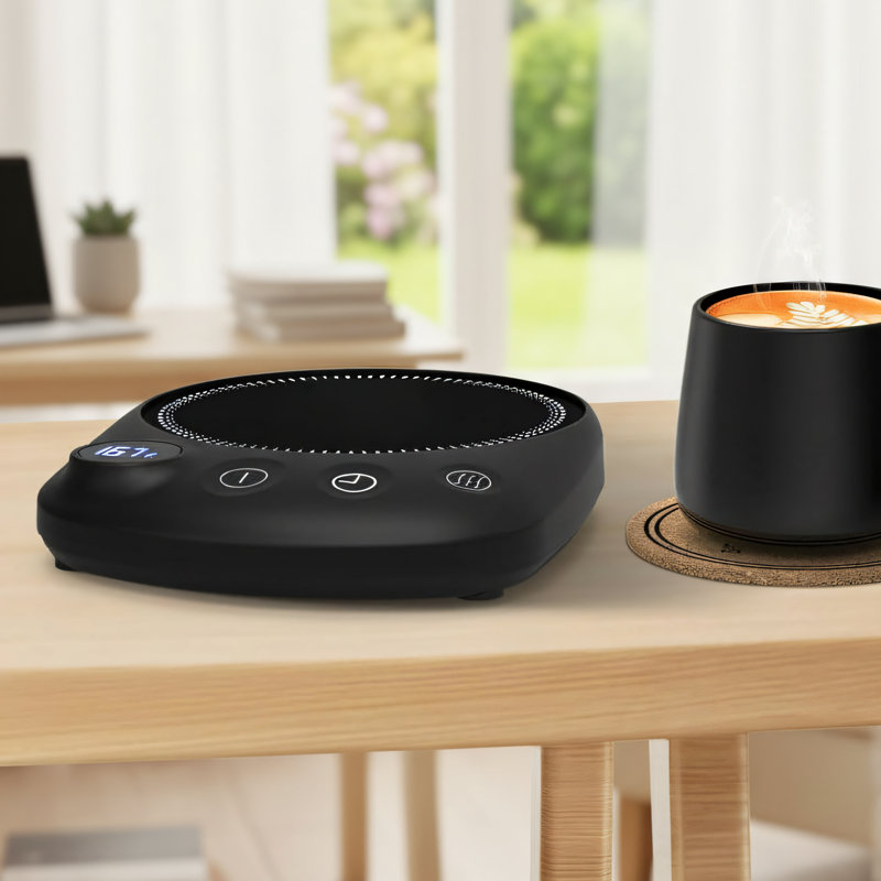 Chauffe-café électrique intelligent avec 4 réglages de température et une minuterie de 1 à 12 heures. Se réchauffe rapidement et s'éteint automatiquement. Modèle noir.