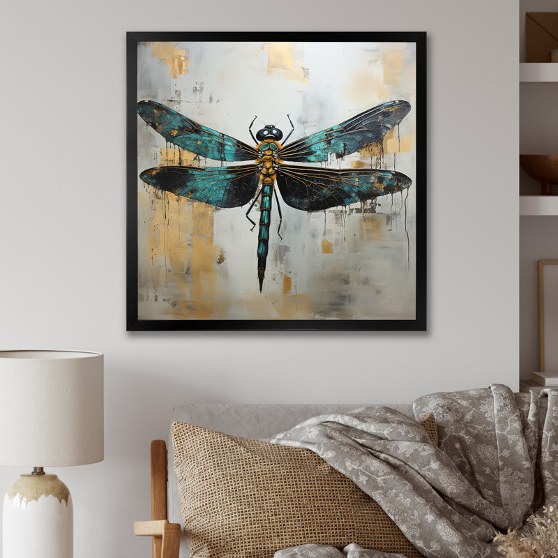 Élégance de libellule verte - Art mural libellule, Cadre simple noir, H 36 po x l 36 po x P 1,5 po