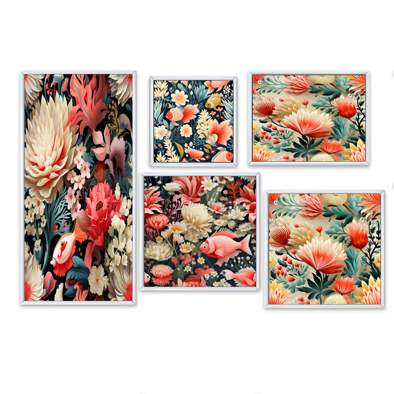 Roseau - Ensemble de 5 décorations murales tropicales, Cadre flottant blanc