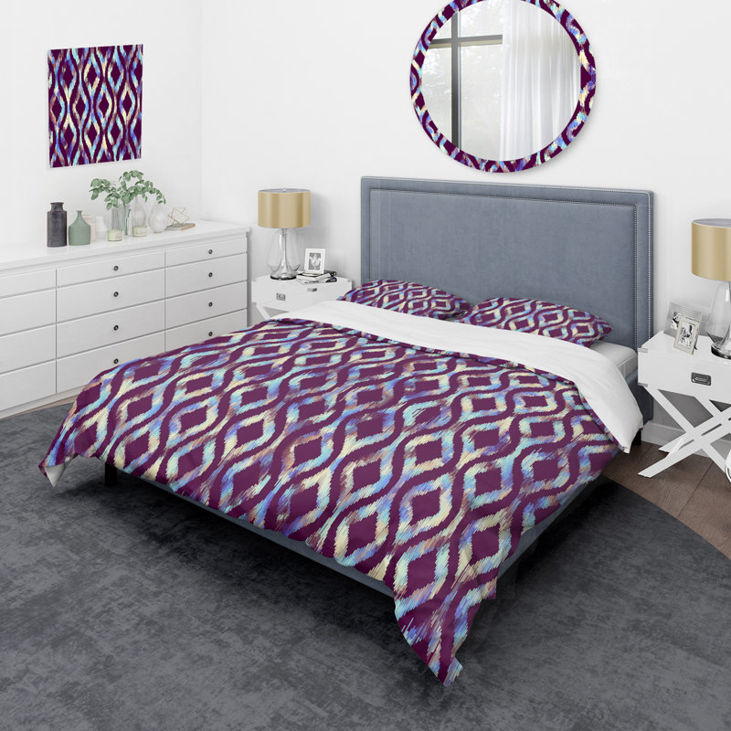 Purple Square Pattern Polyester Geometric Shapes Duvet Cover, King Duvet Cover + 2 King Shams