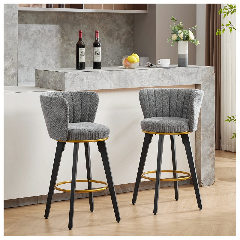 Counter Height Bar Stools Set Of 2, 360° Swivel Upholstered Barstools With Backs And Metal Legs, 26" H Seat Height, Velvet Fabric,Goldy Footrest