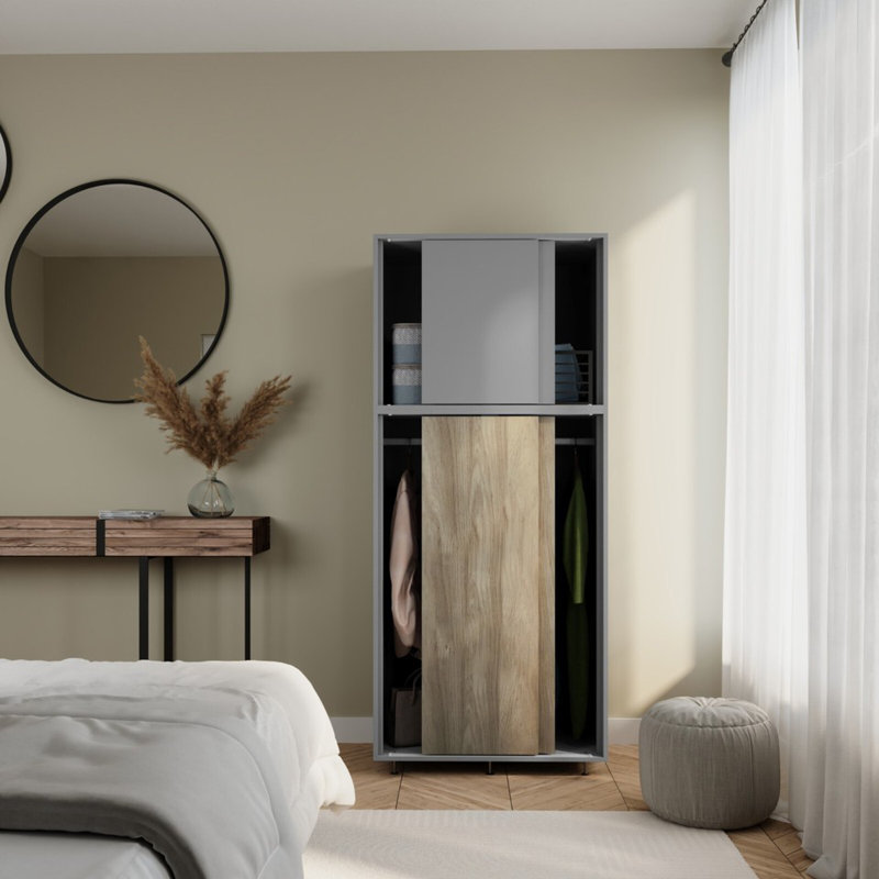 4 Door Solid Wood Wardrobe, Grey/Oak