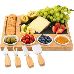Ensemble de planches à fromage et à charcuterie en bambou avec ensemble de couteaux, 4 bols en céramique et incrustation d'ardoise