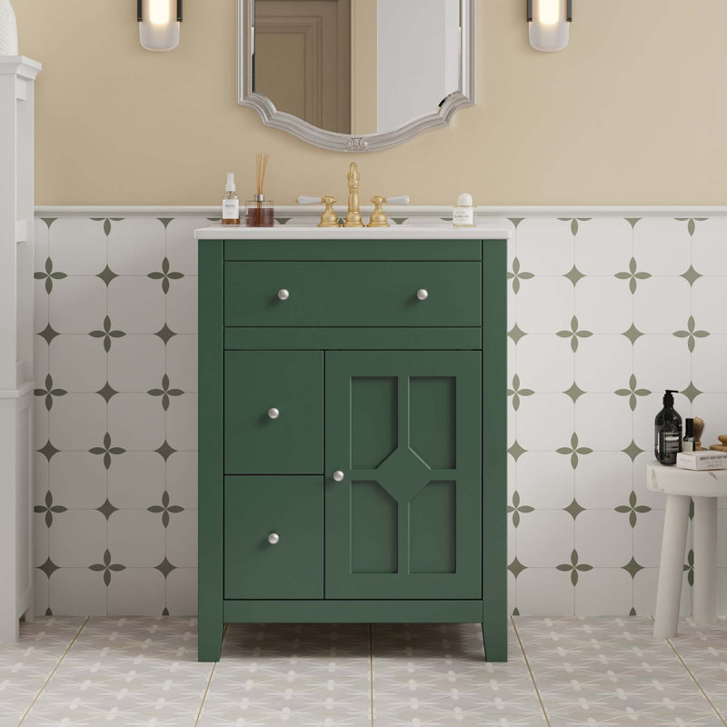 Meuble-lavabo moderne 24 po avec lavabo en céramique, meuble-lavabo pour salle de bain à 2 tiroirs, Vert