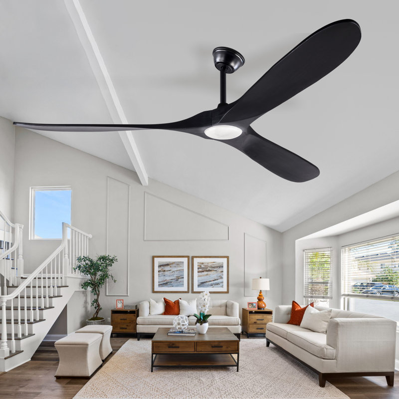 Ventilateur de plafond à 3 pales en bois massif avec télécommande, 70 po, Pointe renversée - avec lumière, Noir