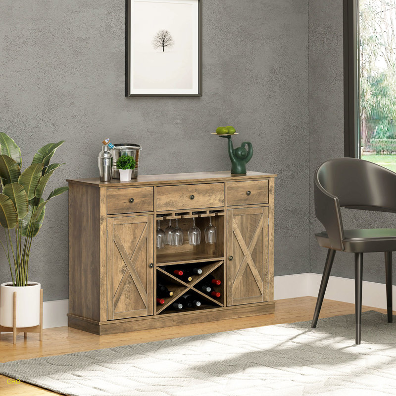 Armoire-bar Farmhouse, armoire à vin avec 3 tiroirs, armoire buffet avec support à vin en forme de X et porte-verres à pied