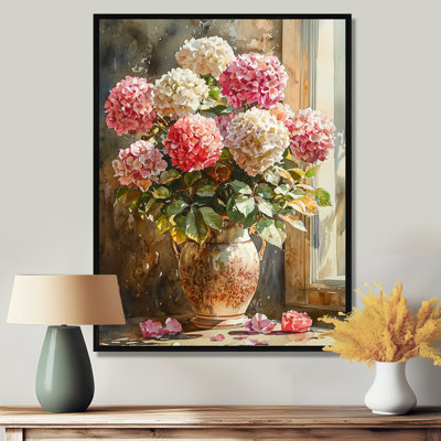 Impression sur toile encadrée, "Hortensias roses dans un poterie" de Cunningham