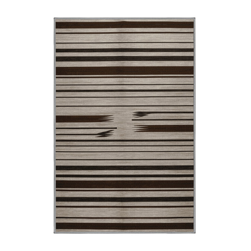 Washable Greige Deep Brown Striped Area Rug, Rectangle 7' x 9'