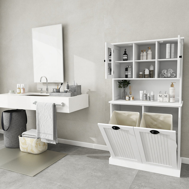 Two-Compartment Tilt-Out Dirty Laundry Basket Tall Bathroom Cabinet, A Space-Saving And Stylish Storage Solution For Modern Home Interiors