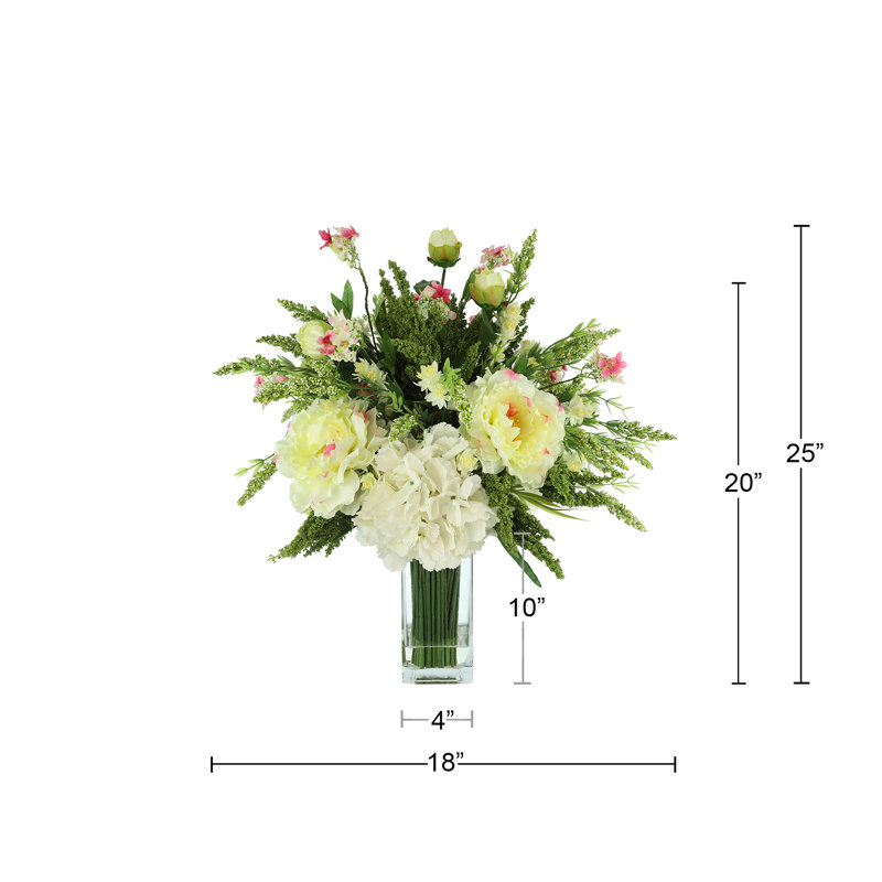 Faux Floral Arrangement with Butterfly Magnolias and Hydrangeas, Cream/Yellow