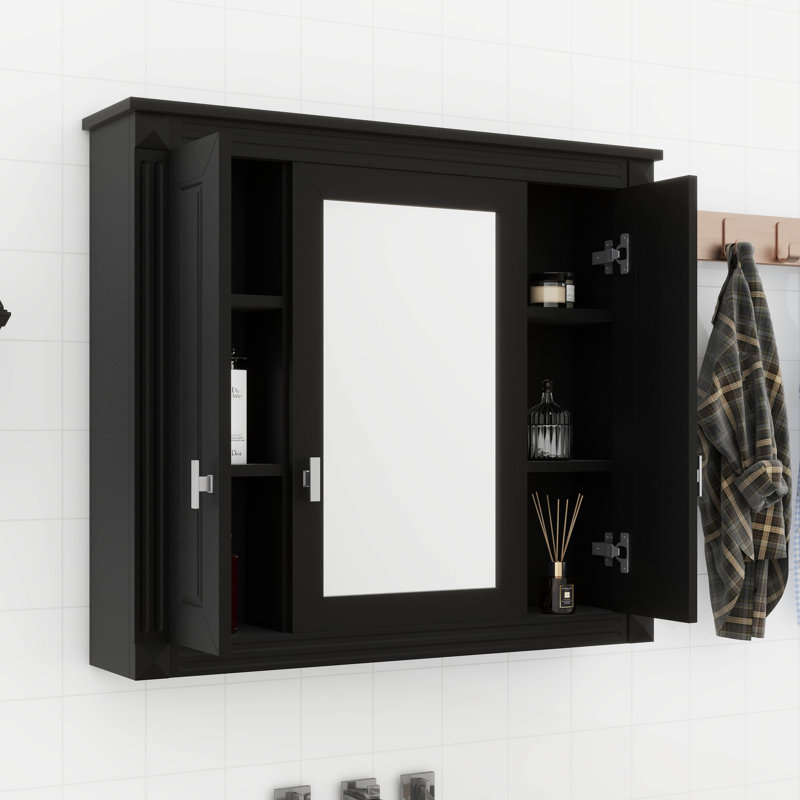Armoire de salle de bain murale avec miroir, armoire à pharmacie avec 4 tablettes réglables, rangement au-dessus de la toilette, panneau de fibres à densité moyenne résistant à l'humidité
