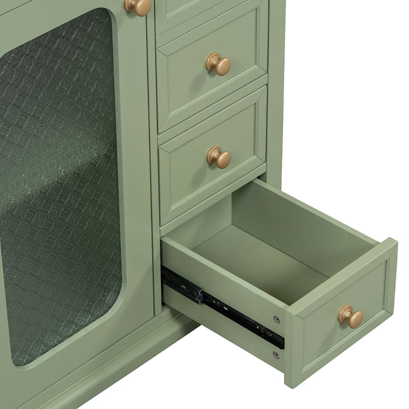meuble-lavabo de salle de bain avec porte en verre à fermeture douce et tablettes réglables et trois tiroirs