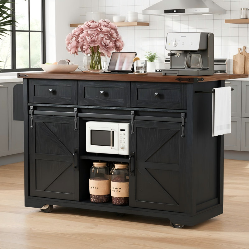 Black 53.7-Inch Farmhouse-Style Kitchen Island With Barn Door And Outlets, Folding Tabletop + Movable Spice Rack.