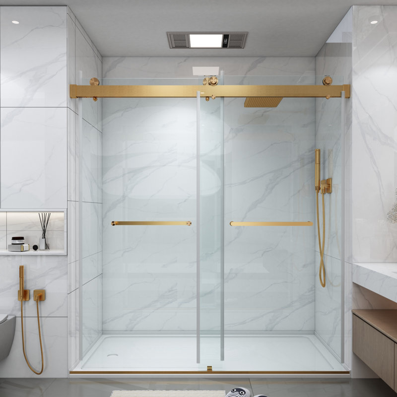 Tempered Glass Double Sliding Framless Shower Door, Gold, 76"