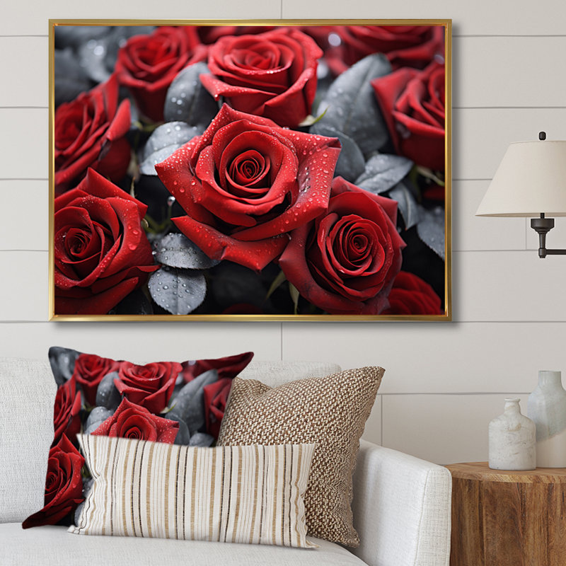 «Red Grey Rose Eernal Beauty - Roses», art mural sur toile, Cadre flottant doré, H 24 po x l 32 po x P 1 po