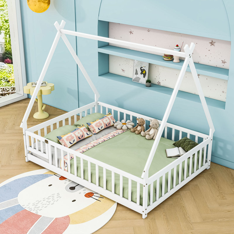Full Wood Bed With Guardrails, White