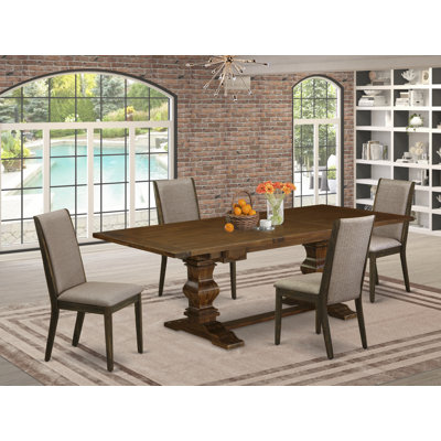 5 Piece Dining Table Set for 4 Includes a Rectangle Kitchen Table with Removable Leaf and 4 Dark Khaki Linen Fabric Parsons Chairs, Antique Walnut
