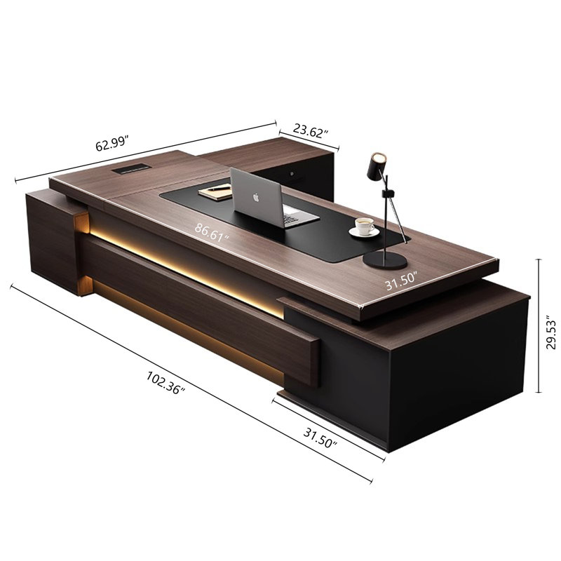 Bureau de luxe moderne en forme de L en brun foncé, H 29,53 po x l 102,36 po x P 62,99 po