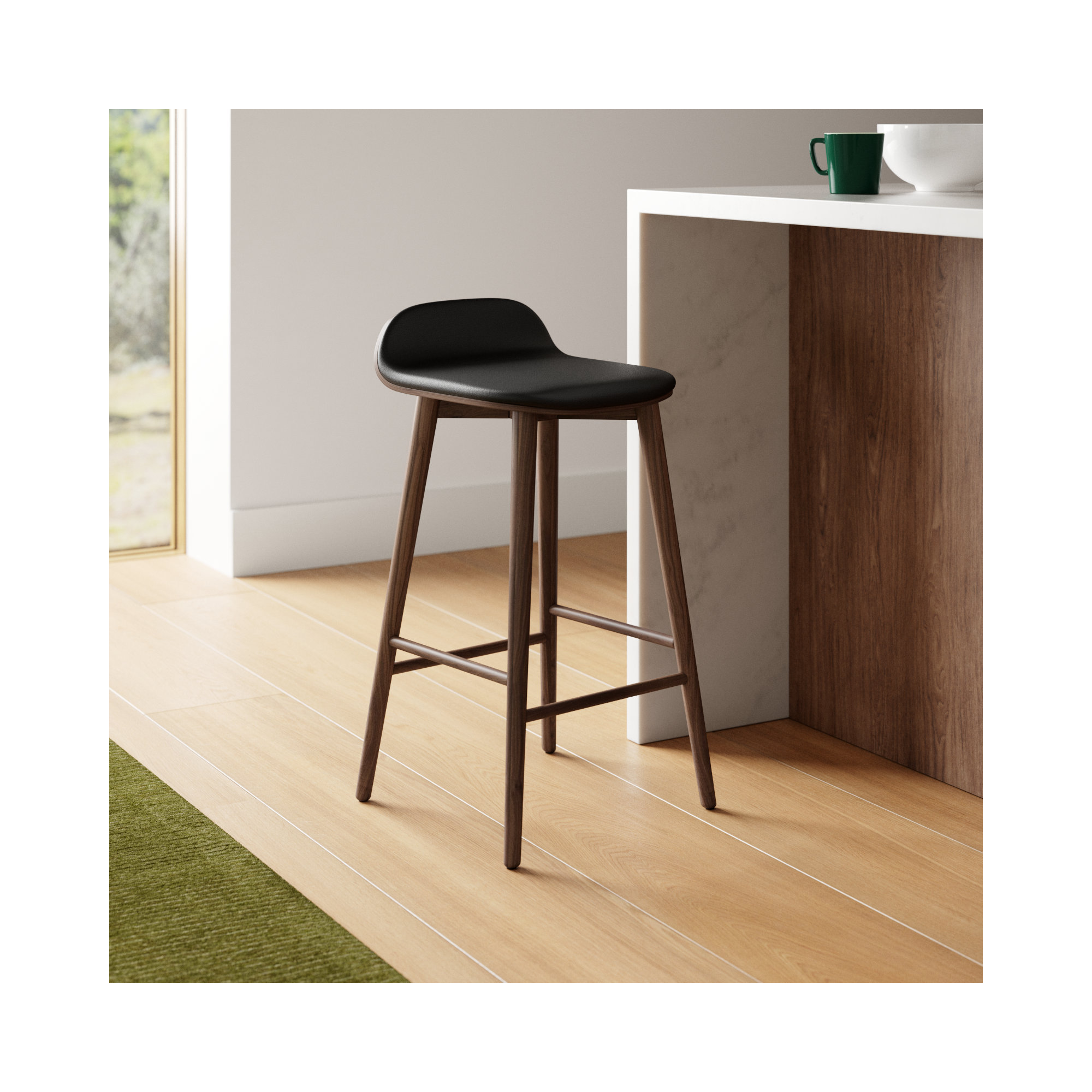  26'' Seat Height Counter Stool - Solid Wood Frame and Genuine Leather Seat, Walnut