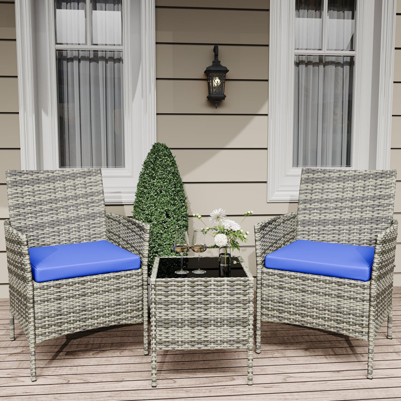 3-Piece Outdoor Patio Bistro Set with 2 Rattan Chairs and Glass Coffee Table, Wicker Conversation Set for Porch, Backyard, Garden