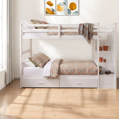 Lit simple au-dessus de simple avec 6 tiroirs de rangement modernes, escalier en bois massif, blanc