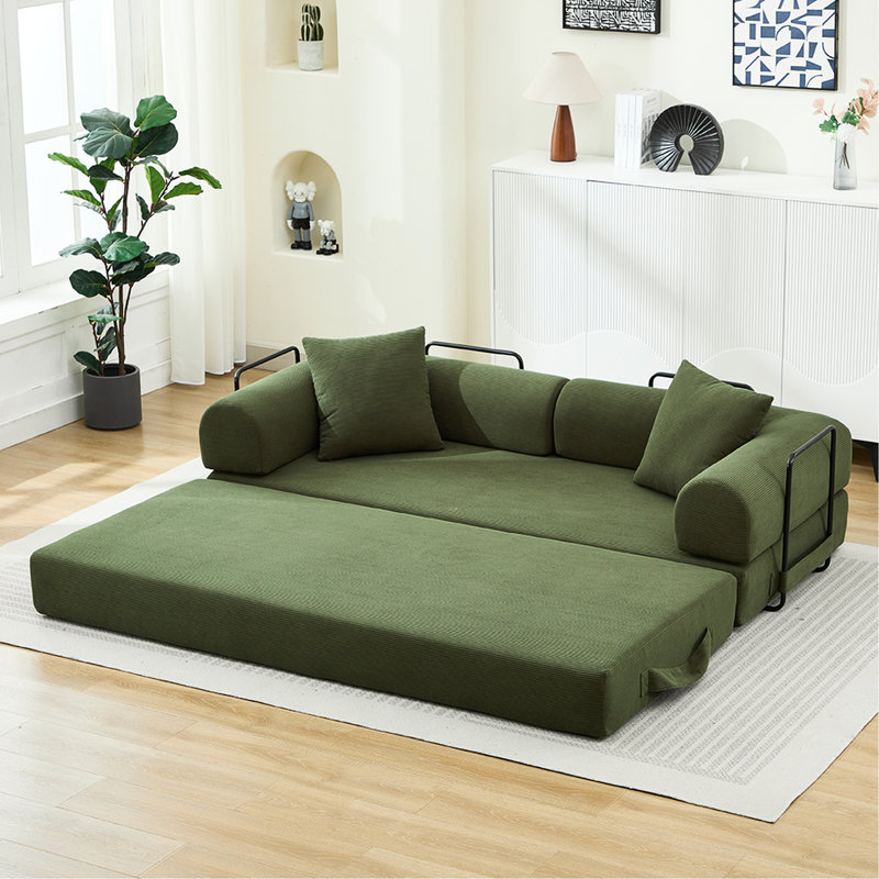 78.5" Futon Couch With 2 Pillows, Corduroy 3 - Seater Fold Out Bed For Living Room Bed, Pillows And Foam Spring Floor Mattress