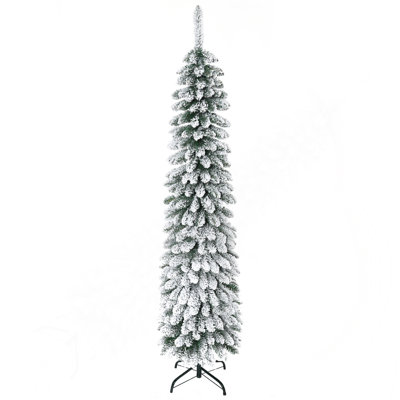 6' Tall Unlit Snow Flocked Artificial Christmas Tree, Slim Pencil Xmas Tree With Realistic Branches And 395 Tips, Green