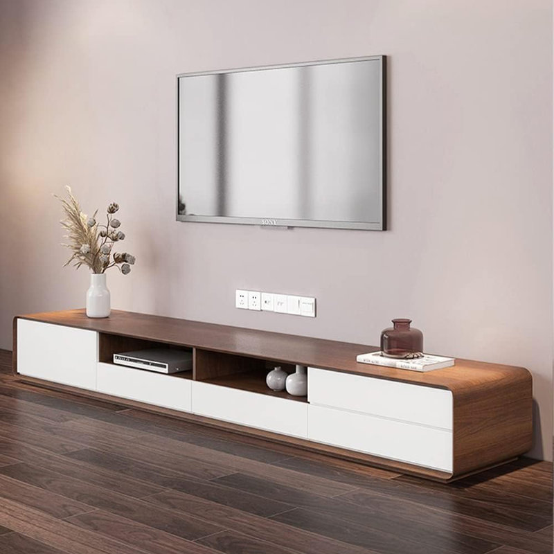 Console télé 94 po avec tiroirs, rangement ouvert, armoire, placage noyer, entièrement assemblée, Noyer / Blanc