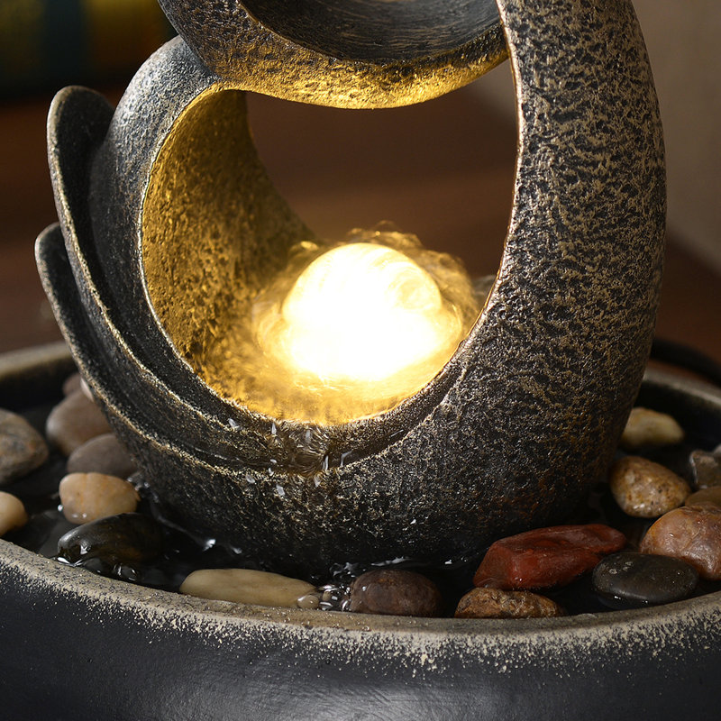 Charcoal Polyresin Tabletop Fountain with LED Light