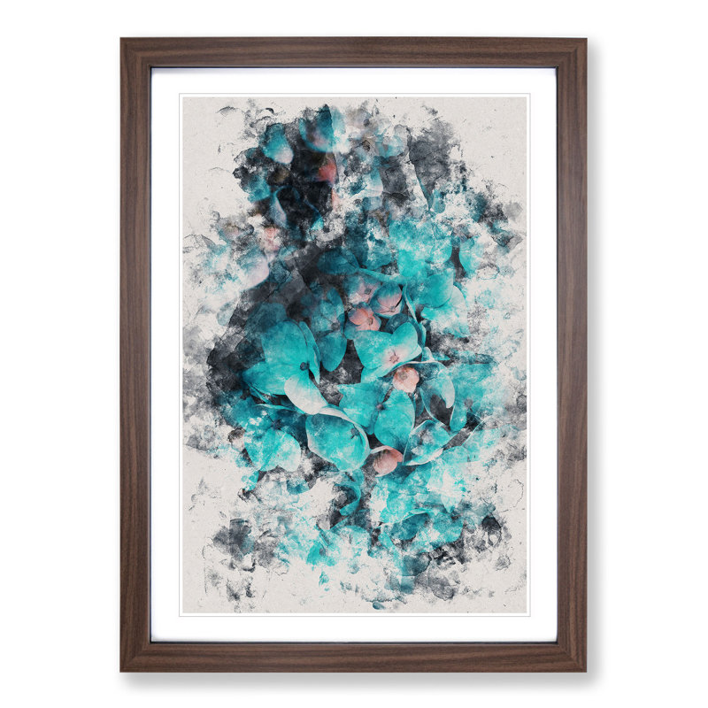 Teal Blue Hydrangeas - Picture Frame Painting, Walnut Framed, 48cm H x 36cm W x 2cm D