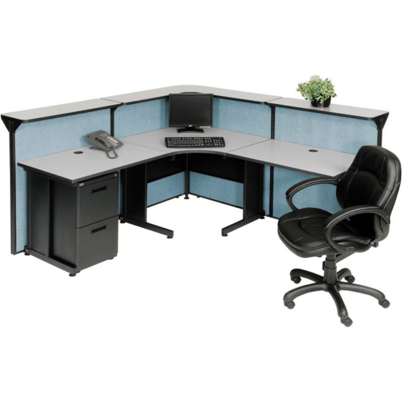 Poste de réception en forme de L, l 80 po x P 80 po x H 44 po, comptoir gris, panneau gris, Bleu