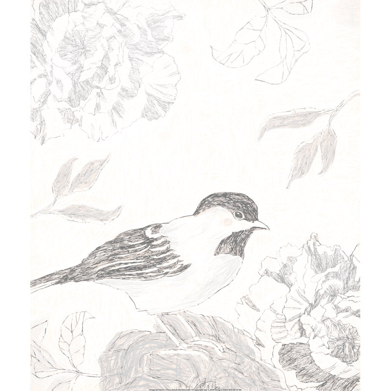 Bird and Flowers Sketch - Drawing Print Print, 76cm H x 51cm W, Black Floater Framed