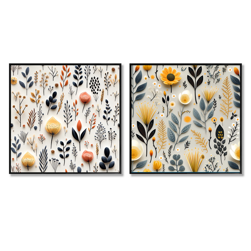 Bedard - Ensemble de 2 collages carrés botaniques abstraits, Cadre flottant noir, H 16 po x l 33 po