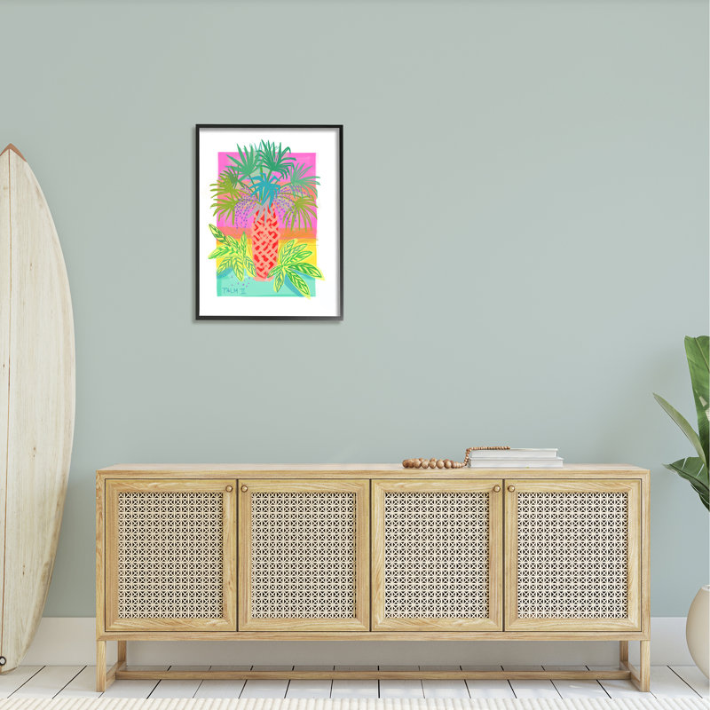«Neon Palm Tree Botanicals Tropical Coastal Leaves - Floater Frame», impression sur toile, Giclée encadrée noir minuit