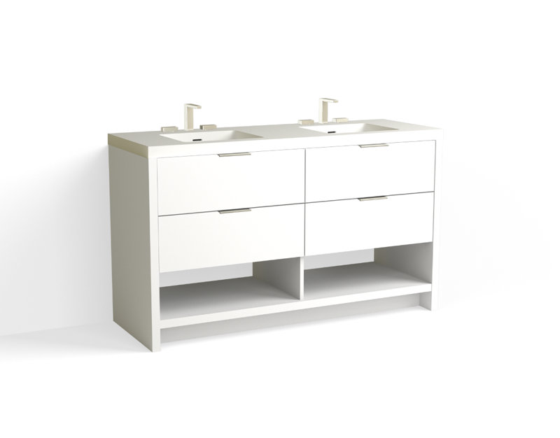 Vue 60" W Freestanding Double Bathroom Vanity, Glossy White/8" Widespread, White Nanomatte, Polished Nickel