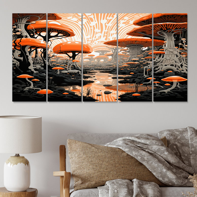 Autre univers mystérieux III - Art mural sur toile champignon - 5 panneaux égaux