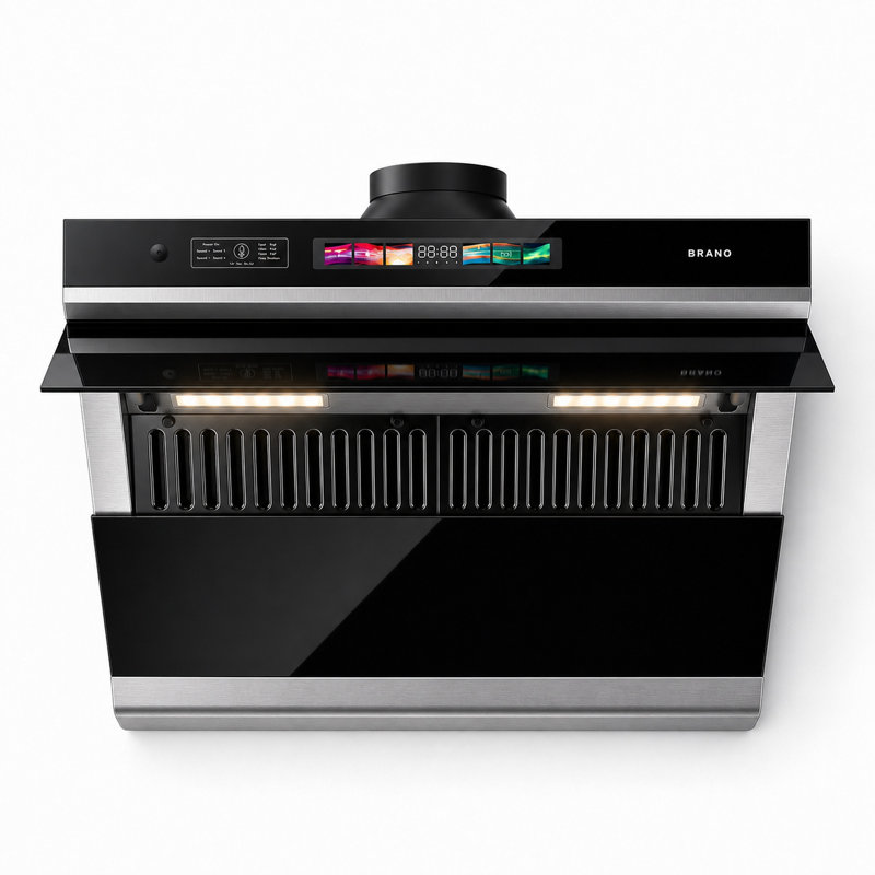 Hotte de cuisine convertible BRANO 30 pouces, 900 pi³/min, en acier inoxydable, avec commandes vocales, gestuelles et tactiles, ouverture automatique à 90°, filtres à chicane lavables au lave-vaisselle et filtre à charbon pour une utilisation sans conduit.