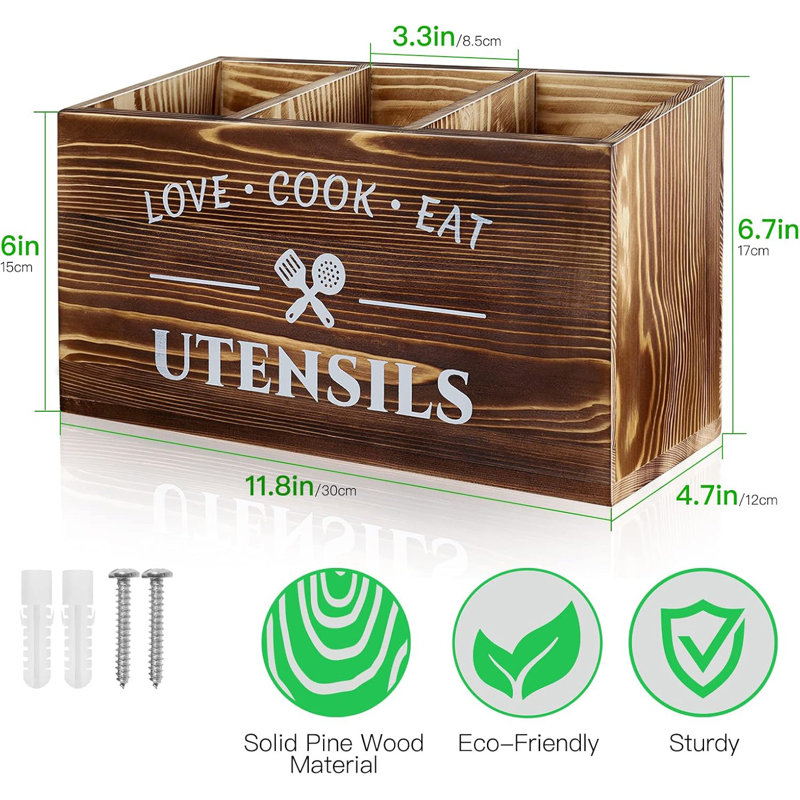 Brown Utensil Holder Rustic Wood Utensil Caddy Crocks With 3 Compartments For Kitchen Counter, Farmhouse Flatware Organizer Storage Box For Silverware Fork Spoon Spatula
