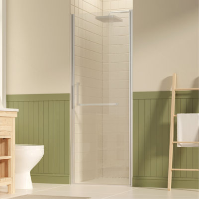 Porte de douche à pivot sans cadre de l 27 à 28 po x H 72 po, verre trempé de 6 mm avec couche antidéflagrante, oscillation réversible, ajustement mural ajustable, quincaillerie en nickel brossé