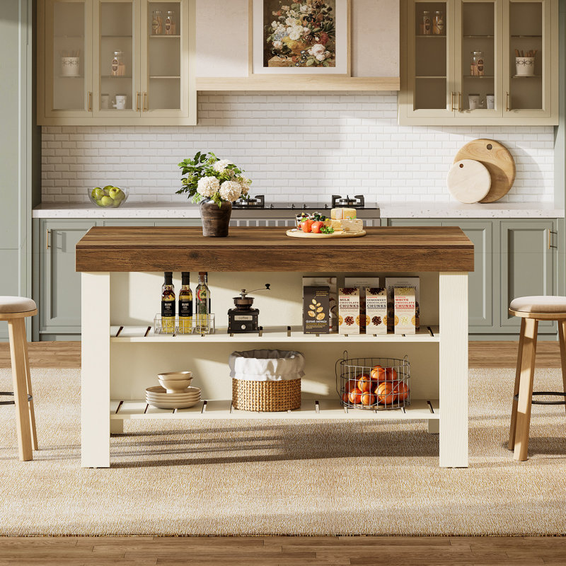 55.1" Kitchen Island Table With Storage And Seating Space For Kitchen Dining Room, Brown/White